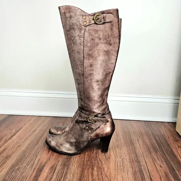 Vaneli | Metallic Bronze Leather Knee-High Buckle Boots | Size 9.5 - Picture 4 of 9